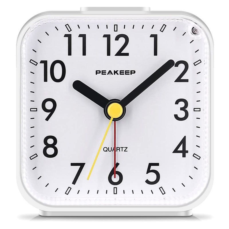 Peakeep Small Battery Operated Analog Travel Alarm Clock Silent No Ticking  Lighted on Demand and Snooze  Beep Sounds  Gentle Wake  Ascending Alarm  Easy Set (White) - Image 1